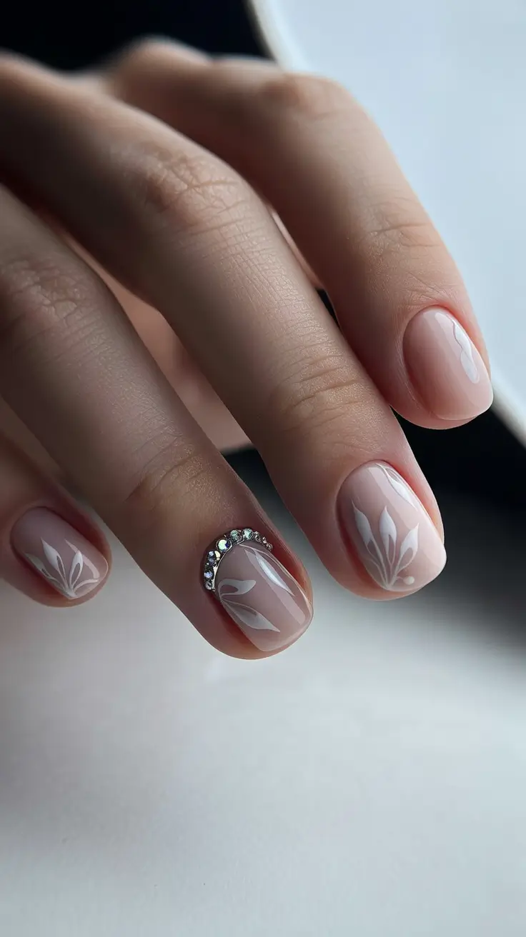 creative short nails 2026 - Delicate White Florals With Crystal Detail