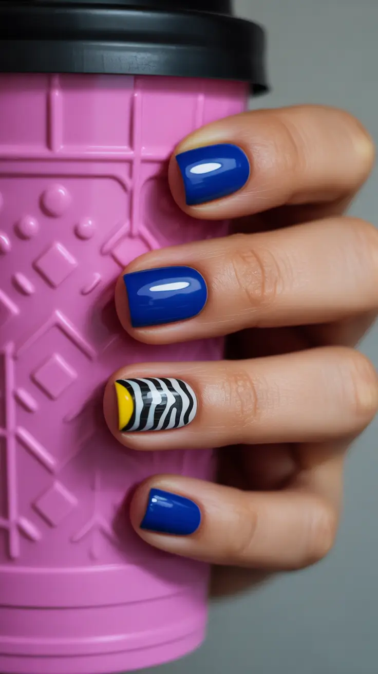 creative short nails 2026 - Blue Gloss With Zebra Pop and Yellow Accent
