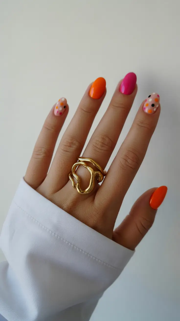 creative short nails 2026 - Playful Polka Brights With Mixed Citrus Tones