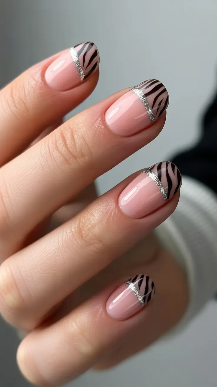 creative short nails 2026 - Soft Nude French With Zebra Tips and Silver Accent