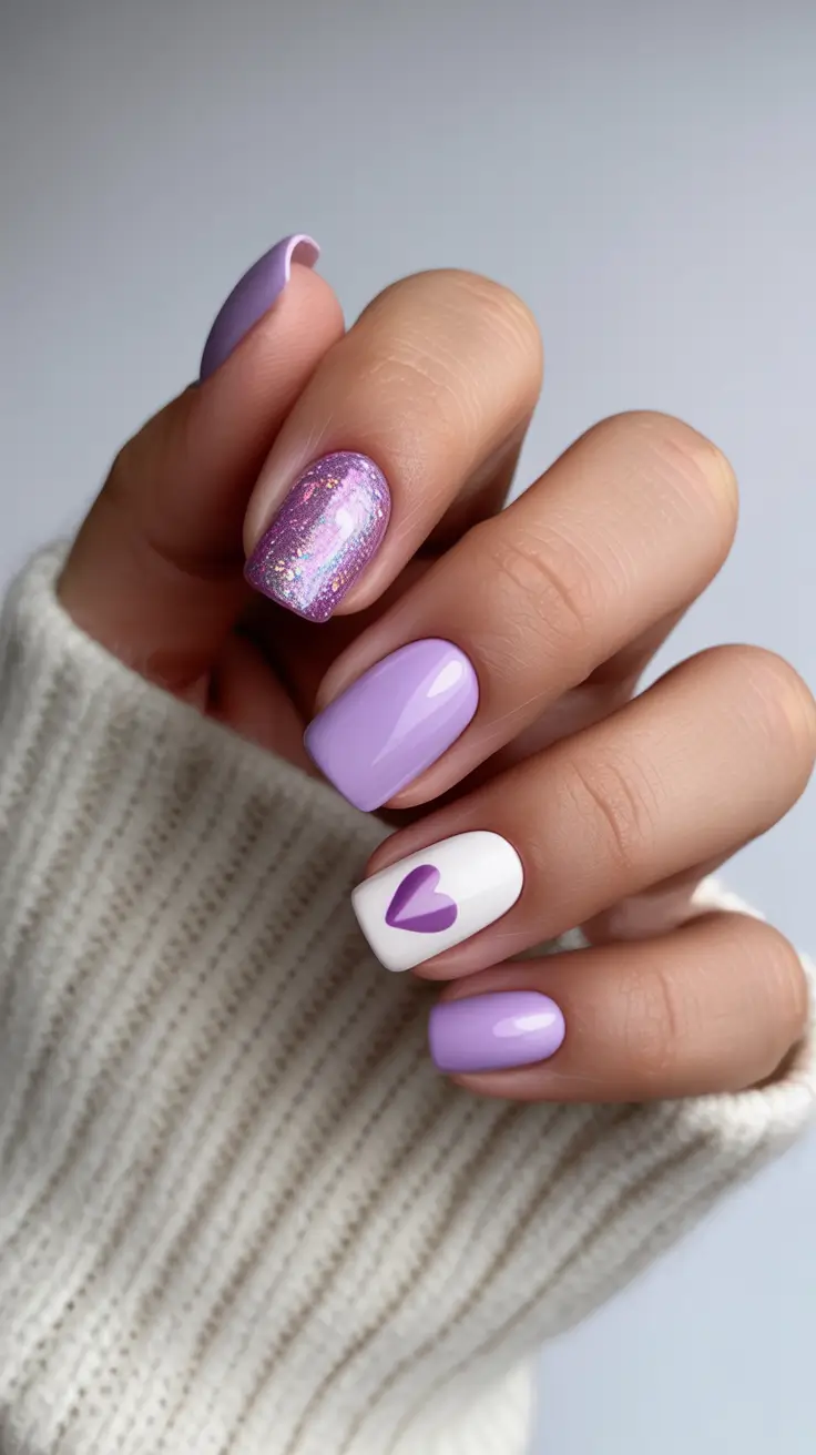creative short nails 2026 - Lavender Glow With Heartfelt Accents
