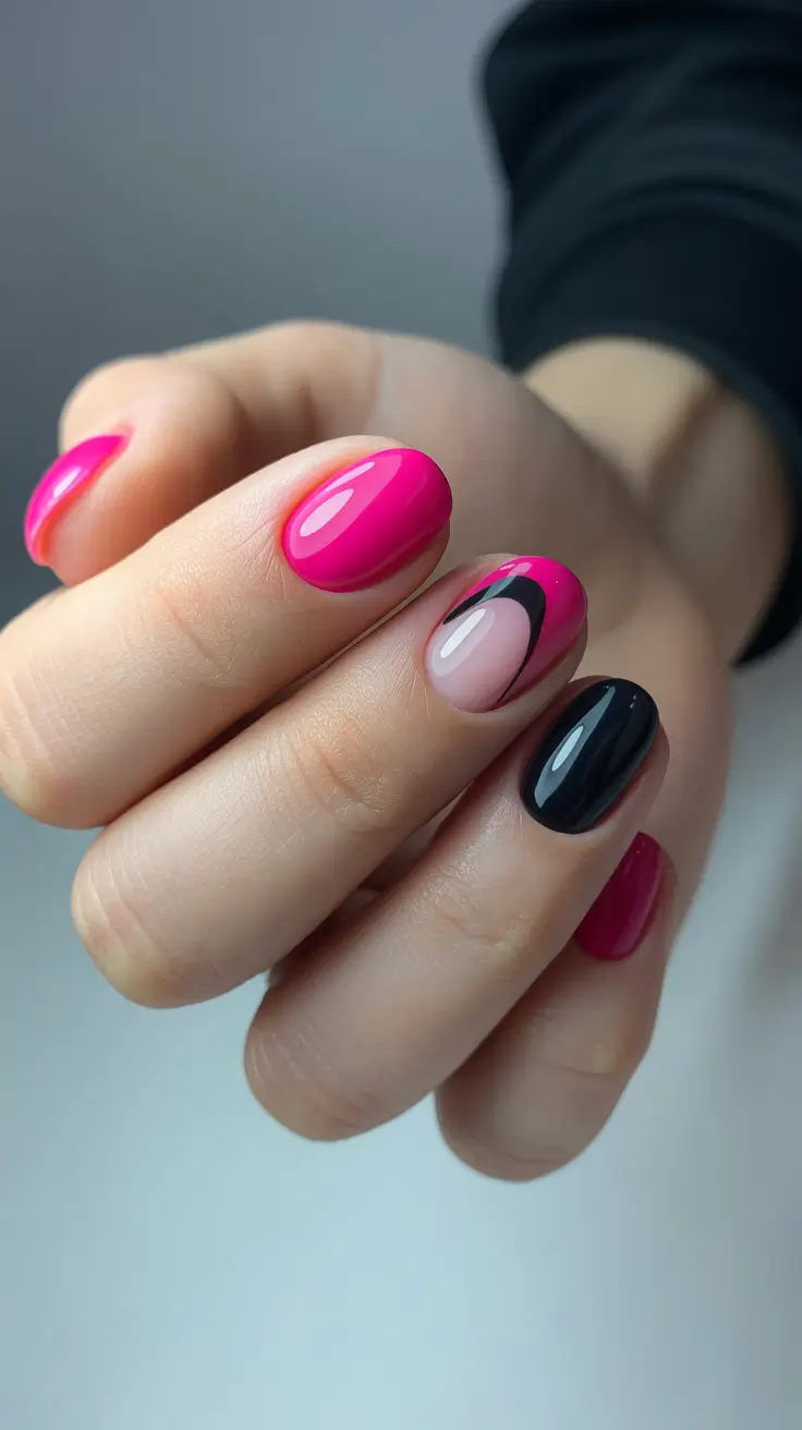 creative short nails 2026 - Hot Pink Panels With Graphic Contrast