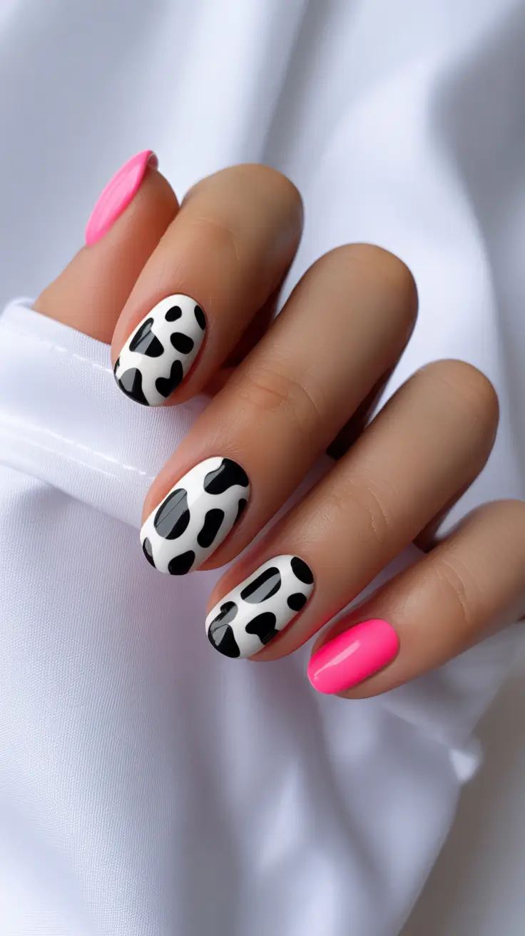 creative short nails 2026 - Monochrome Cow Spots With Neon Pop