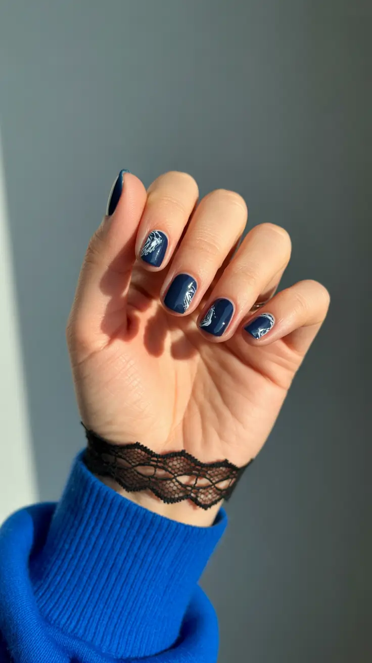 creative short nails 2026 - Midnight Navy With Feathered Silver Strokes