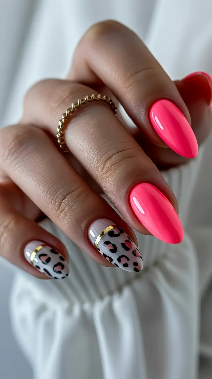 cute birthday nails 2026 - Hot Pink Leopard Glam With Gold Accents