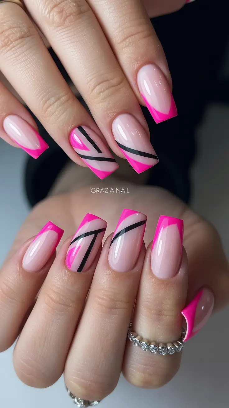 cute birthday nails 2026 - Hot Pink Geometric French for a Trendy Birthday Twist