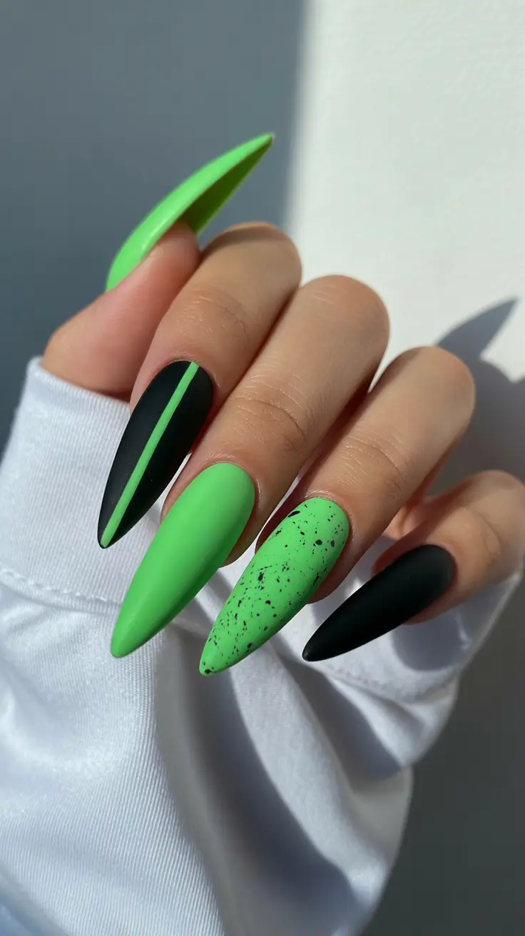 cute birthday nails 2026 - Neon Green and Matte Black for a Bold Birthday Mood