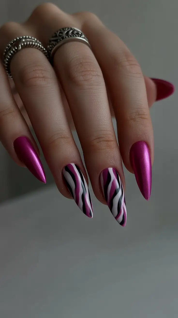 cute birthday nails 2026 - Chrome Pink Drama With Abstract Zebra Accents