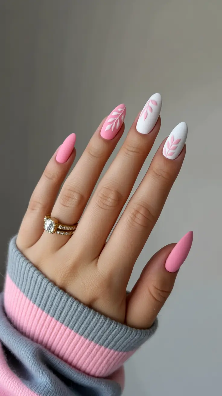 cute birthday nails 2026 - Soft Matte Pink Leaves for a Sweet Birthday Aesthetic