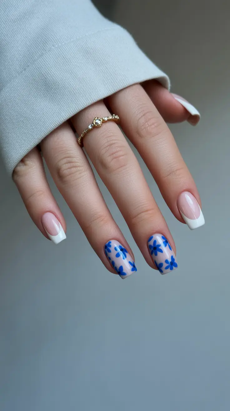 cute birthday nails 2026 - Fresh Blue Florals Paired With a Clean Modern French