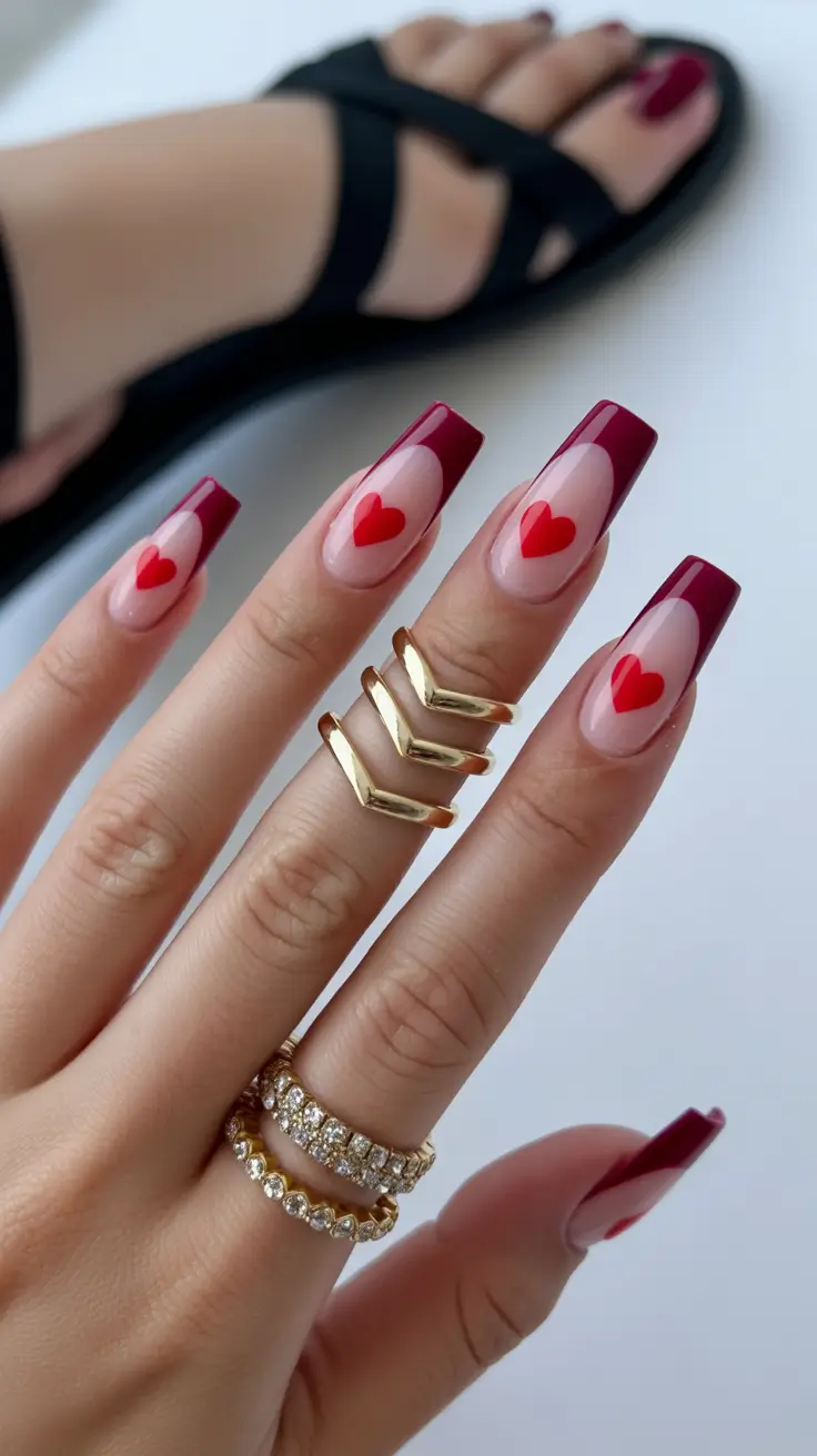 cute birthday nails 2026 - Deep Red Hearts With Bold Tips