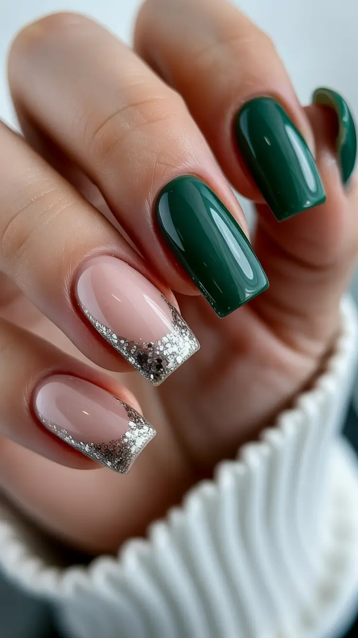 cute birthday nails 2026 - Emerald Green With Silver Glitter Tips