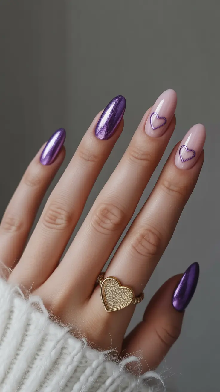 cute birthday nails 2026 - Metallic Violet Hearts for a Dreamy Birthday Look