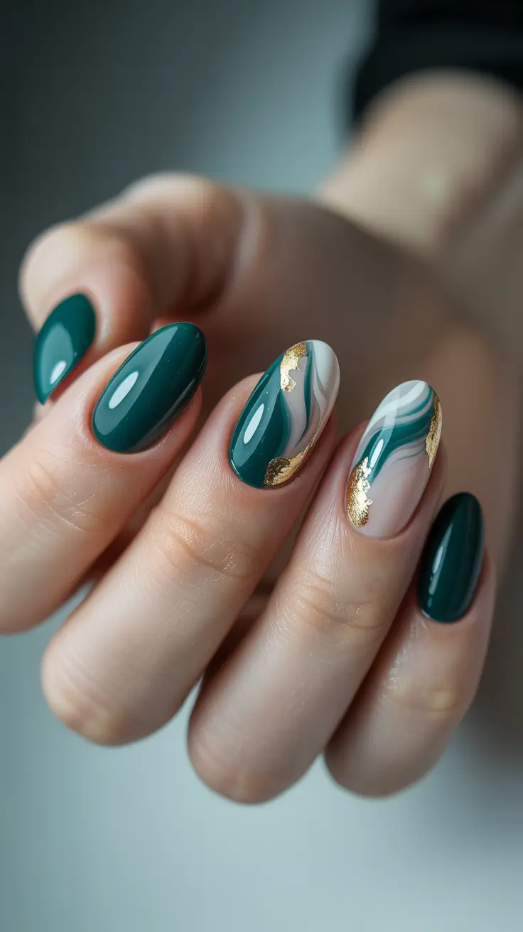 cute birthday nails 2026 - Emerald Marble Luxe With Gold Accents