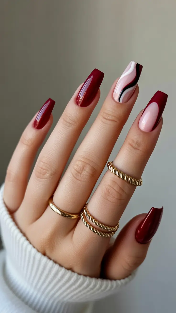 cute birthday nails 2026 - Wine Red Waves for a Confident Birthday Statement