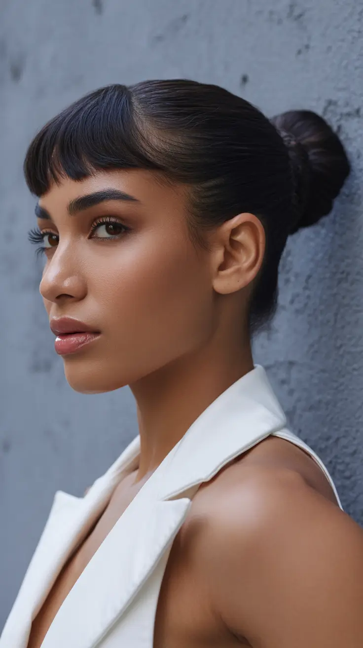 Chic half up half down looks 2026 - Glossy Sleek Half Up Curve With Micro Fringe