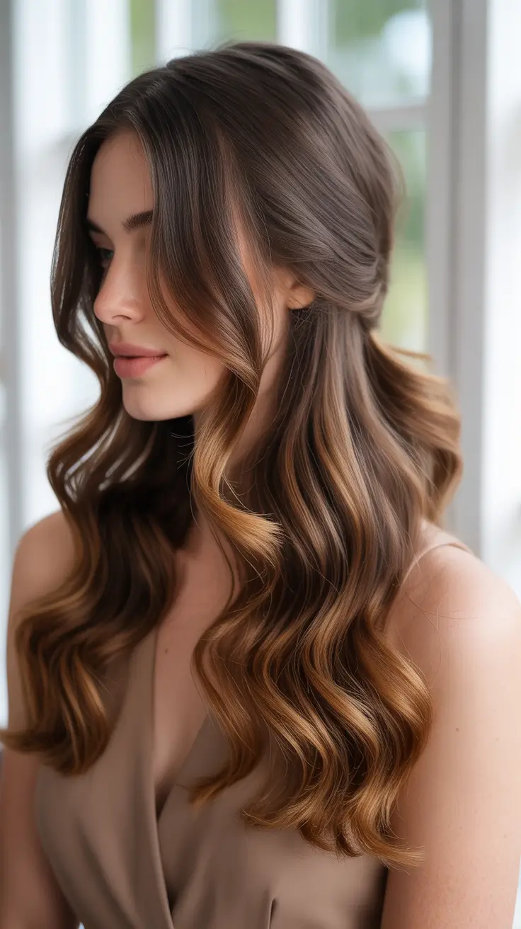 Hairstyles for long hair 2026 Half-Up Soft Waves With Dimensional Brunette Balayage