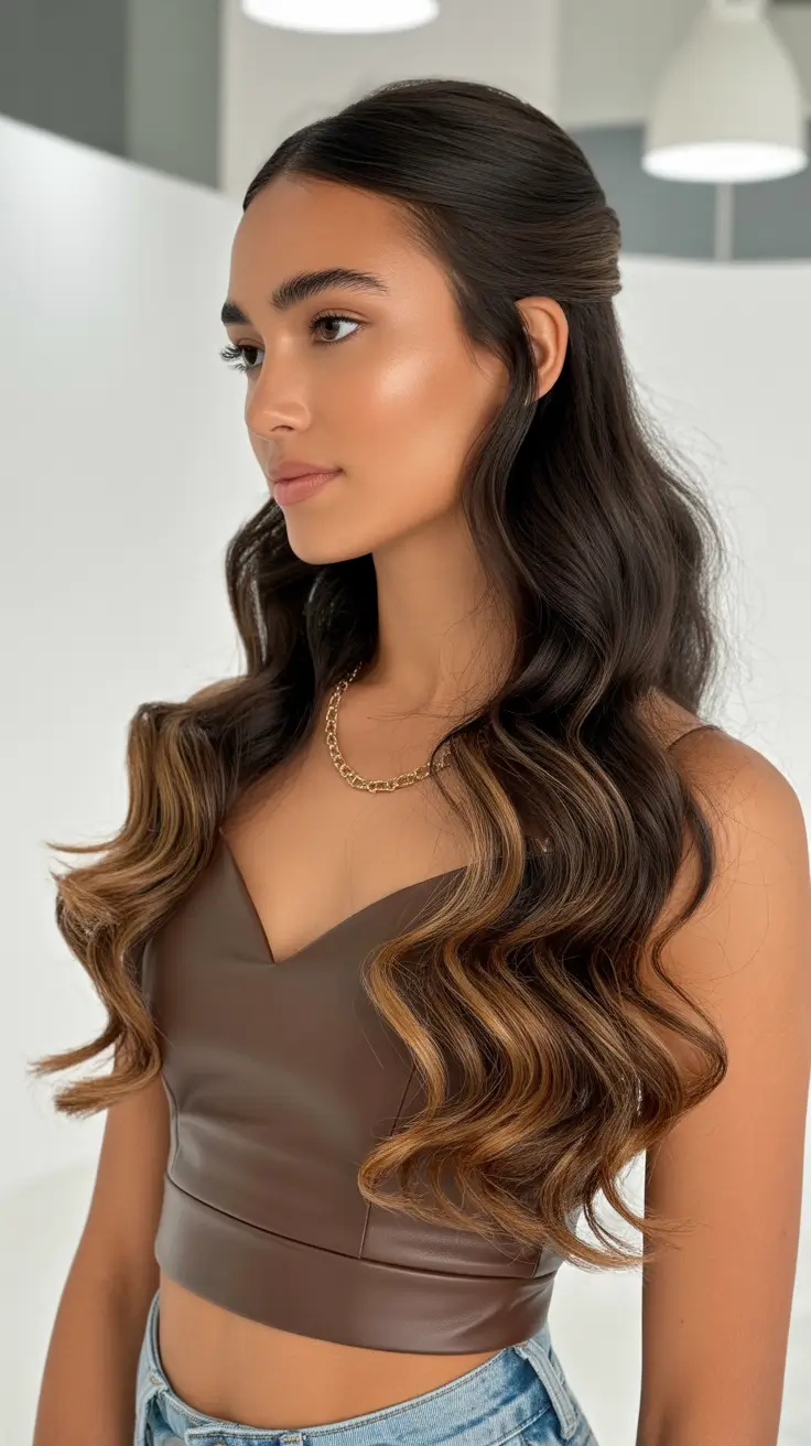 Hairstyles for long hair 2026 Subtle Brunette Waves With Golden Contour Highlights