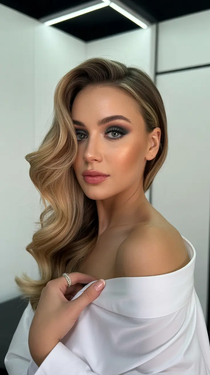 Hairstyles for long hair 2026 Side-Swept Hollywood Blonde Waves
