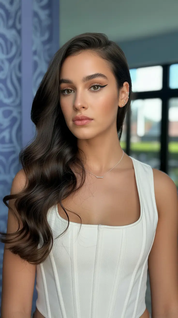 Hairstyles for long hair 2026 Deep-Side Part Glossy Waves With Sculpted Shine