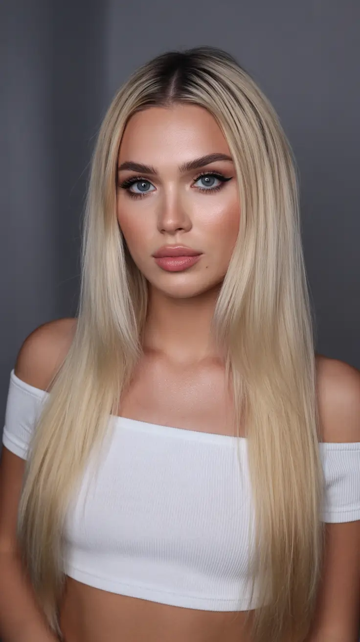 Hairstyles for long hair 2026 Sleek Straight Center-Parted Blonde