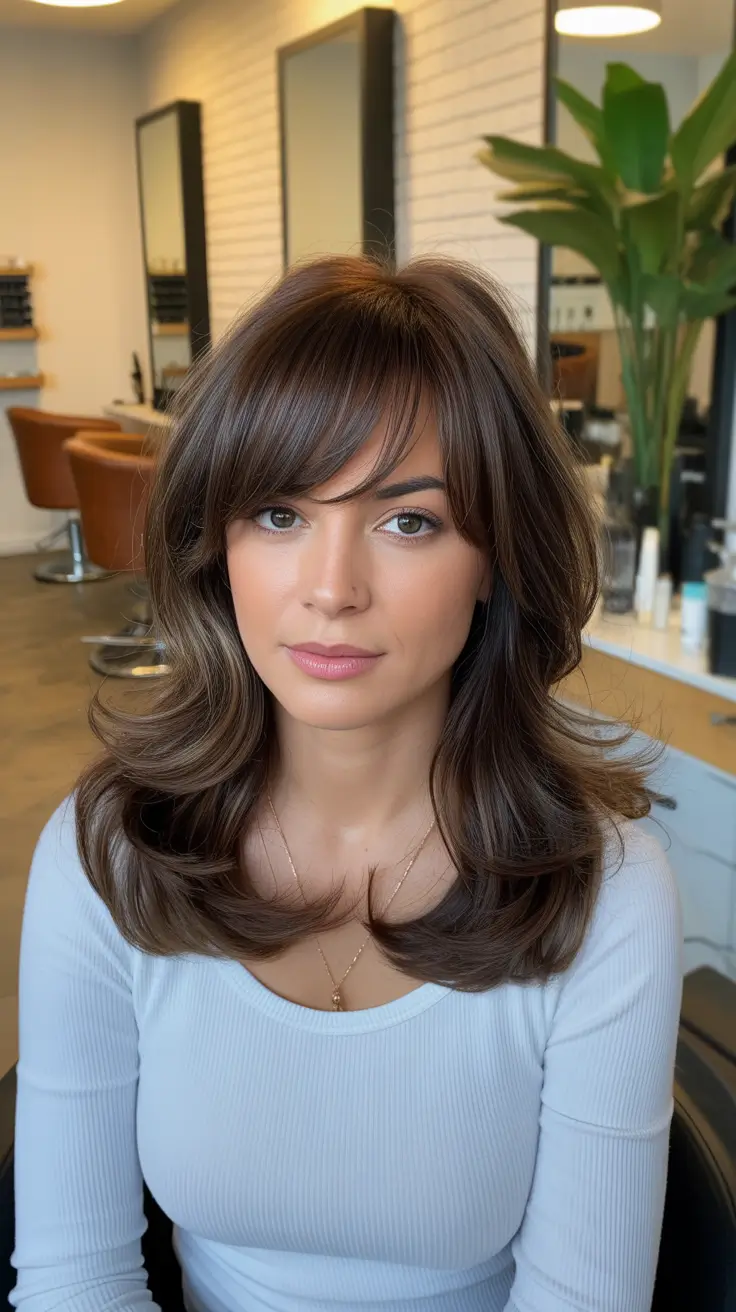 Hairstyles for medium length hair 2026 Feathered Layers with Soft Curtain Bangs