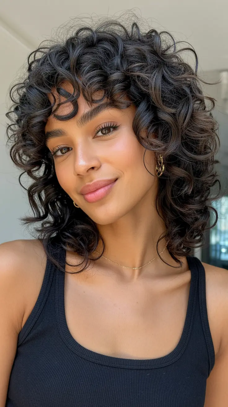 Hairstyles for medium length hair 2026 Curly Layers with Soft Face-Framing Bangs
