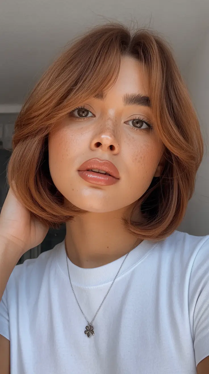 Latest hairstyle inspiration 2026 Warm Cinnamon Bob With Curtain Bangs