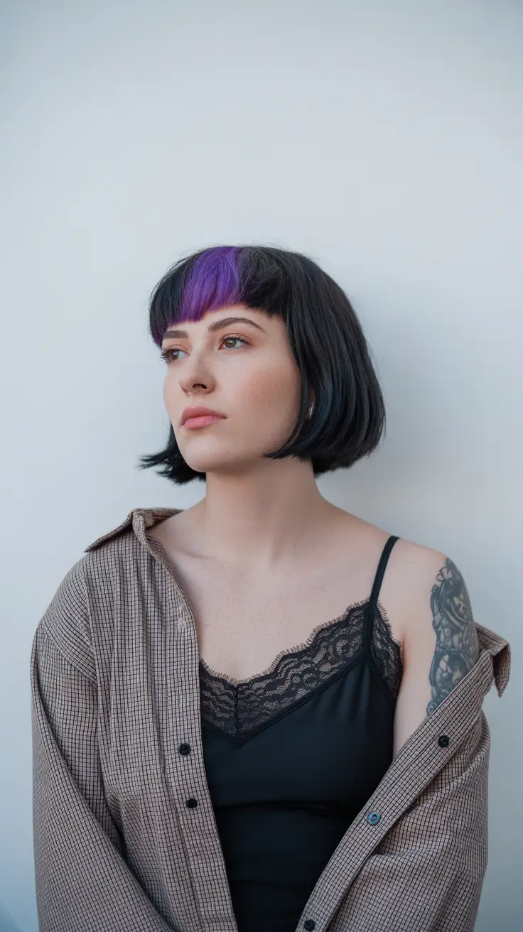 Latest hairstyle inspiration 2026 Bold Contrast Bob With Purple Fringe