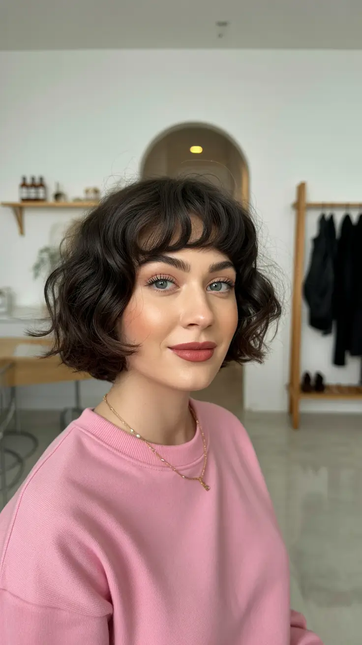 Latest hairstyle inspiration 2026 Playful Curly Bob With Baby Bangs