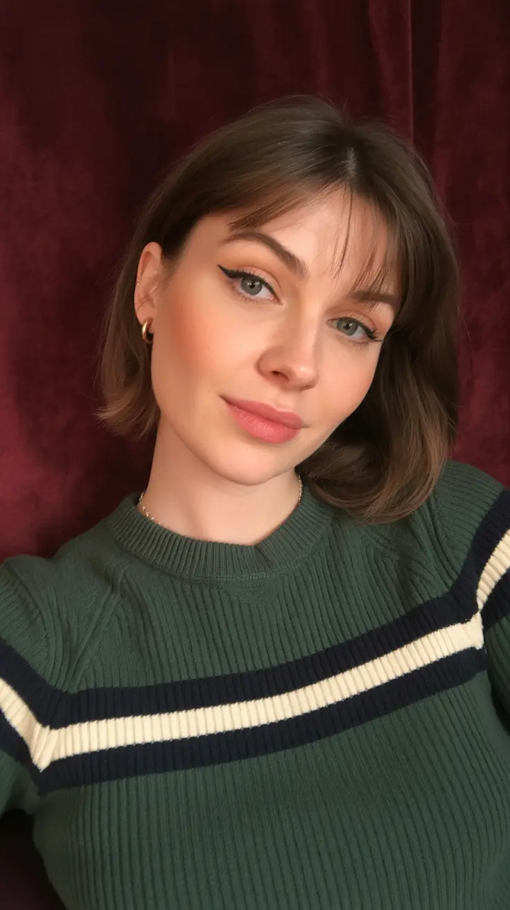 Latest hairstyle inspiration 2026 Soft Brunette Bob With Feathered Bangs