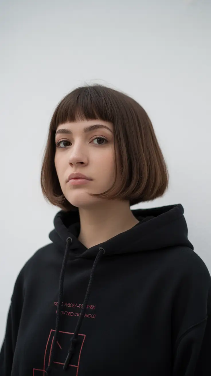 Latest hairstyle inspiration 2026 Blunt Brunette Bob With Micro Bangs