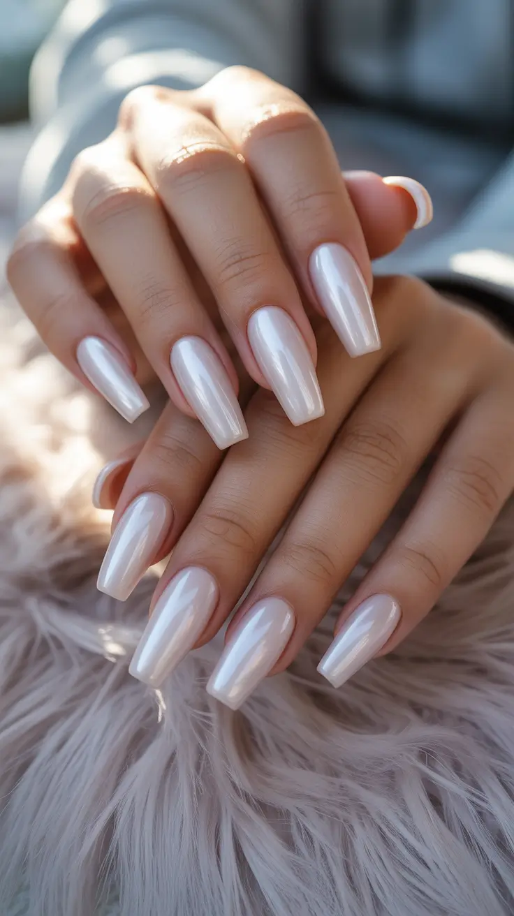milky white nail designs 2026 Pearly Milky Chrome on a Sculpted Tapered Shape
