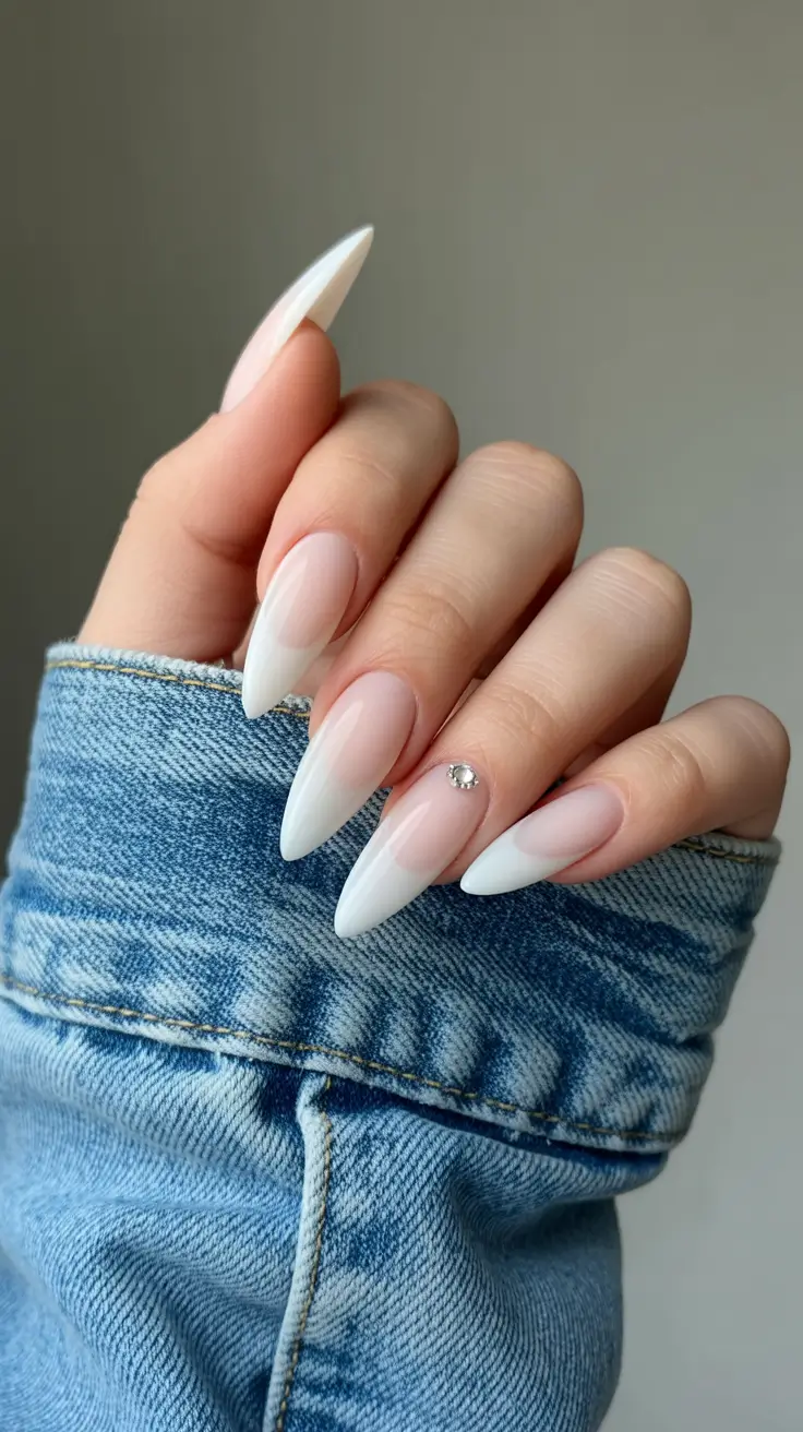 milky white nail designs 2026 Sharp Almond Milky Fade With Crystal Accent