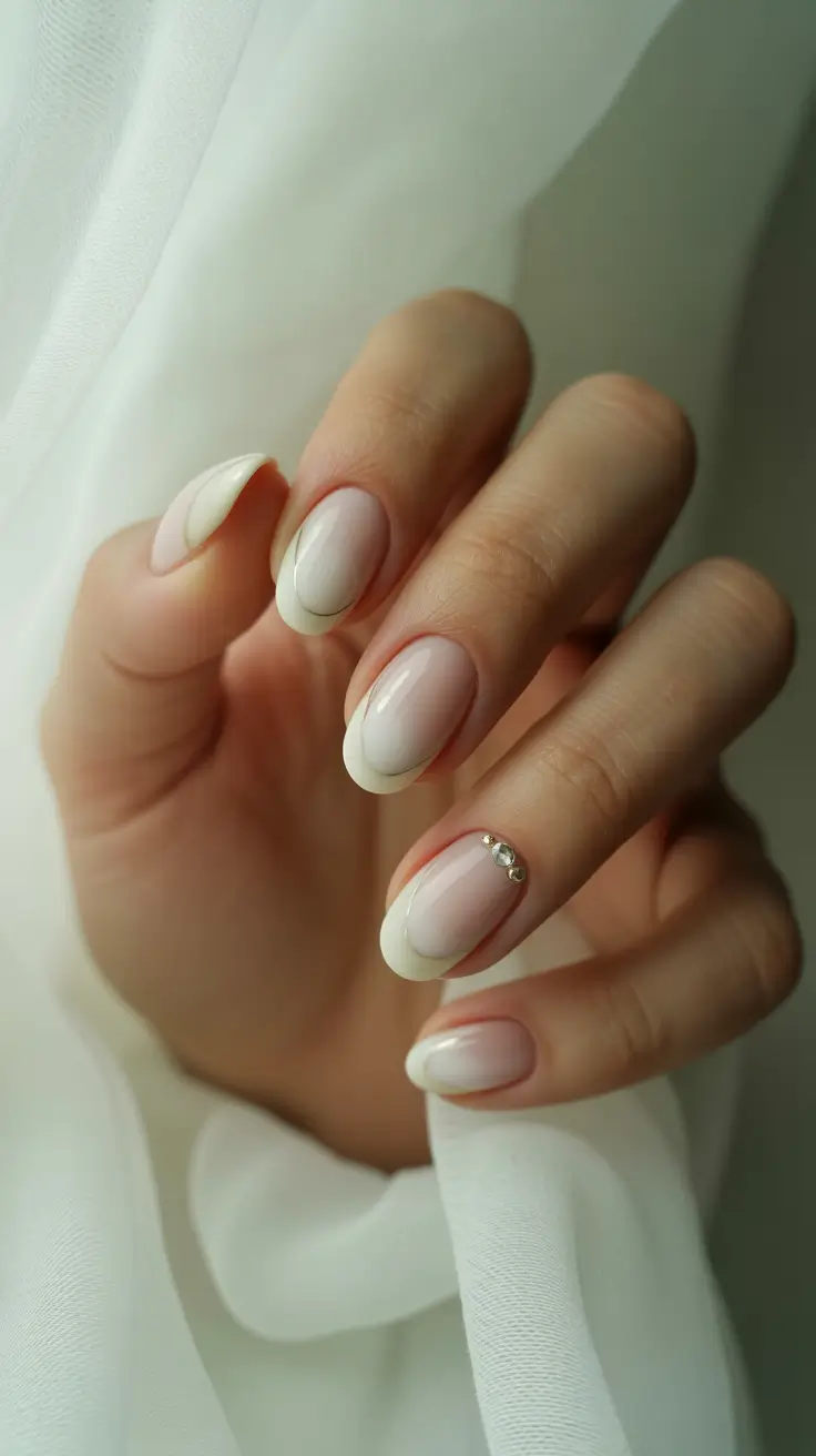 milky white nail designs 2026 Rounded Creamy French With Soft Gem Highlights