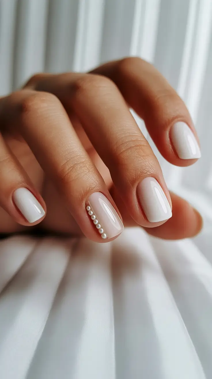 milky white nail designs 2026 Minimal Milky Short Square With Pearl Detailing