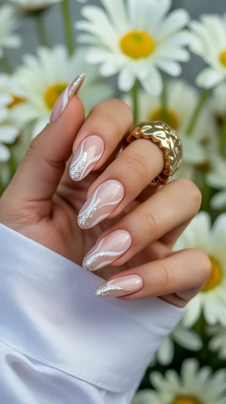 milky white nail designs 2026 Soft Glitter Waves Over a Milky Almond Base