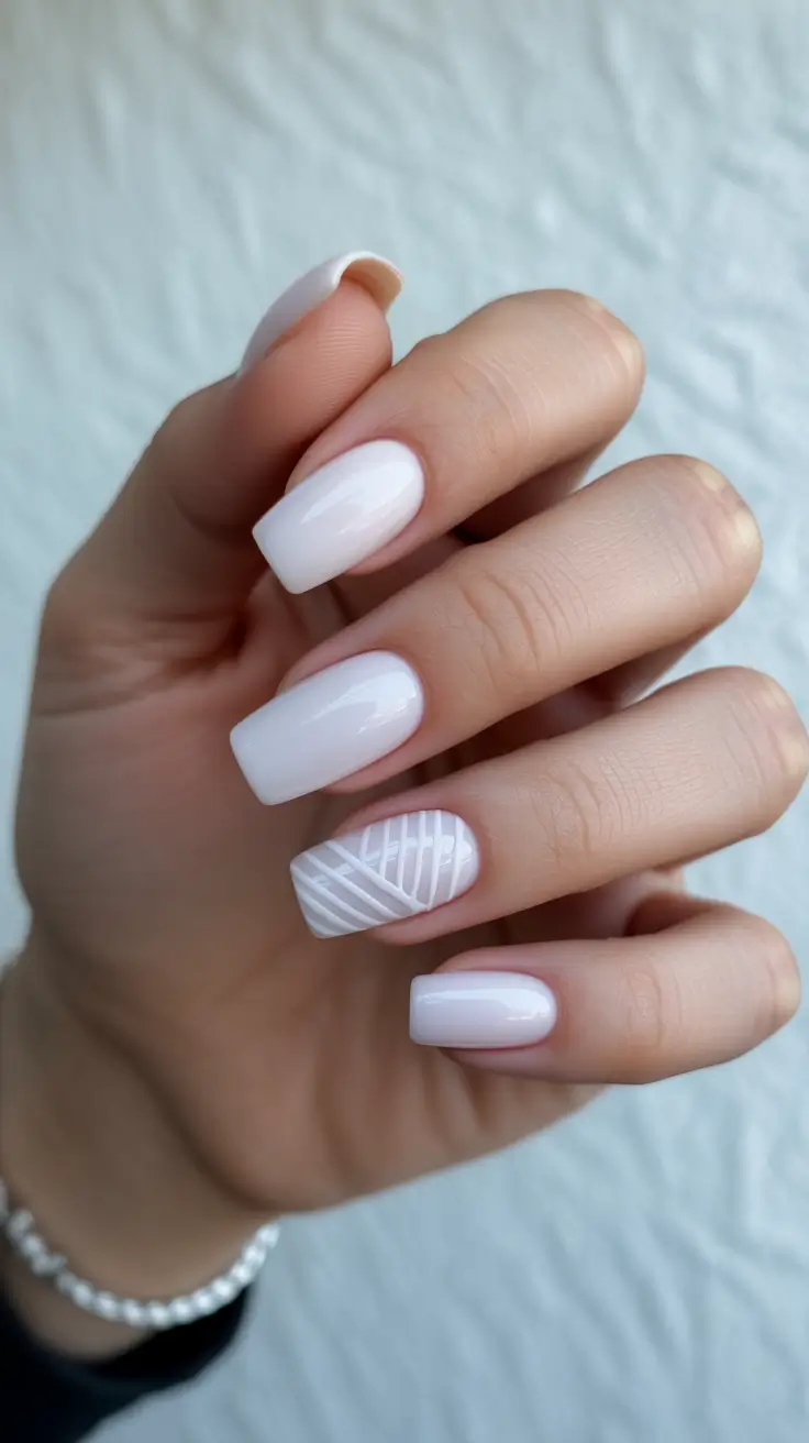 milky white nail designs 2026 Clean Milky Square With Modern Art Linework