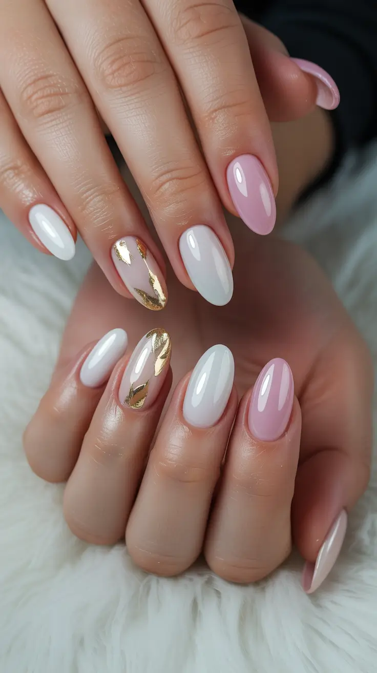 milky white nail designs 2026 Milky Oval Mix With Soft Pink and Gold Accents