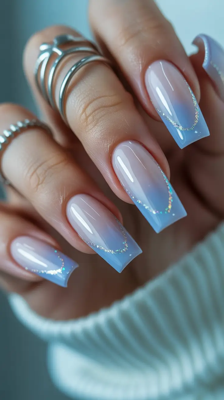 milky white nail designs 2026 Blue-Toned Milky Ombre With Frosted Sparkle