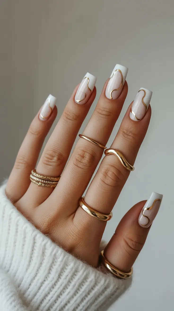 milky white nail designs 2026 Golden Linework on Sculpted Milky Squares