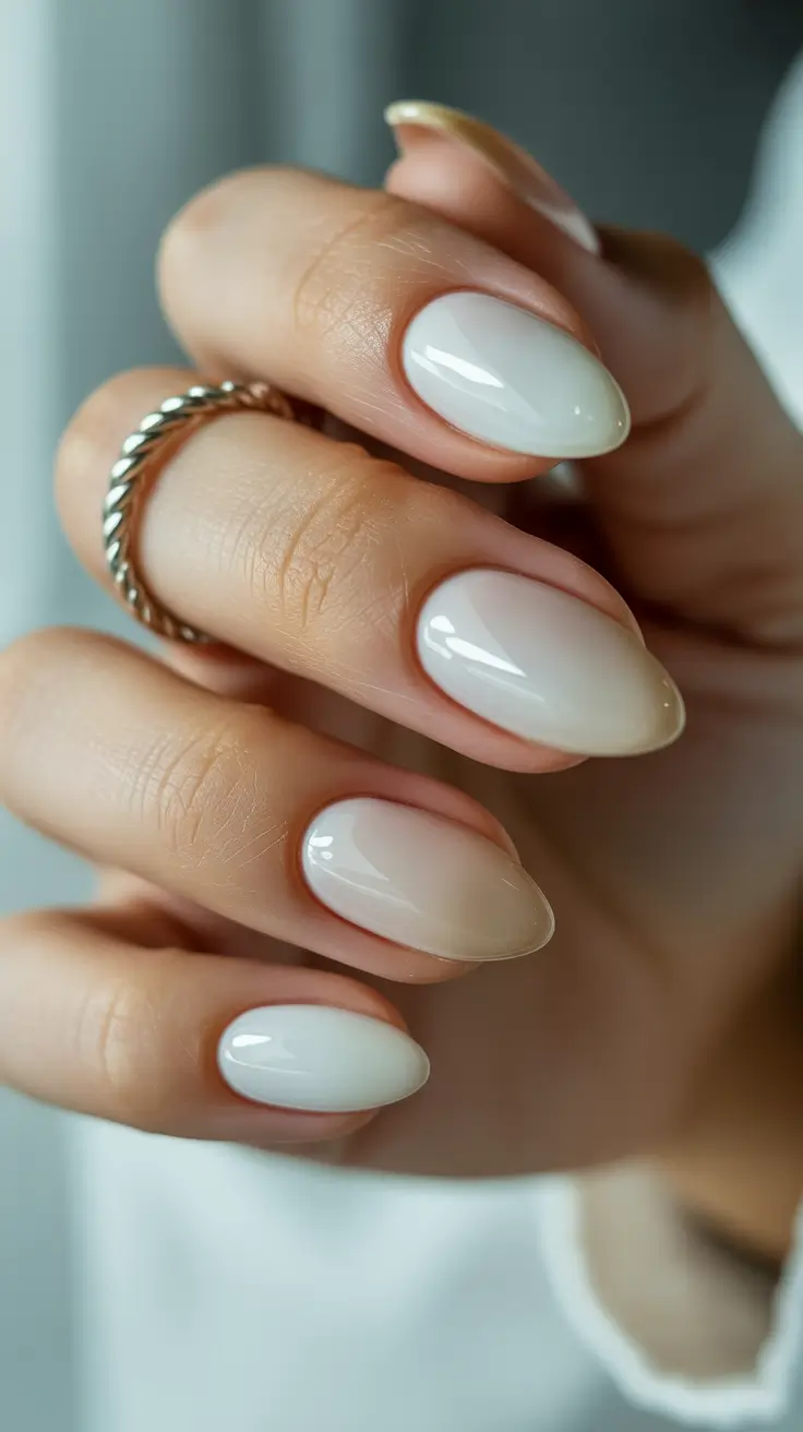 milky white nail designs 2026 Glossy Almond Glow With a Soft Milky Fade