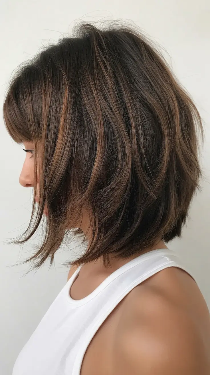 Modern Haircut Ideas for Round Face 2026 Layered Bob with Warm Highlights