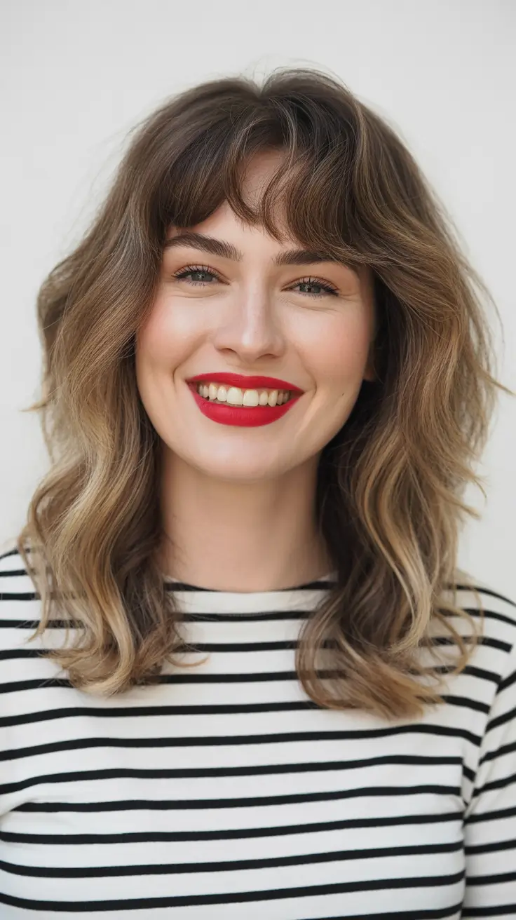 Modern Haircut Ideas for Round Face 2026 Wavy Shag with Wispy Bangs