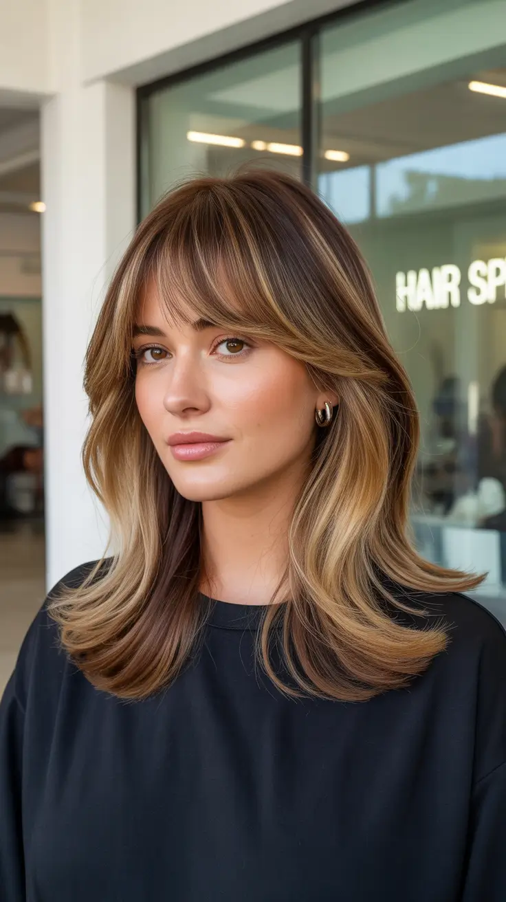 Modern Haircut Ideas for Round Face 2026 Golden Layered Cut with Front Bangs