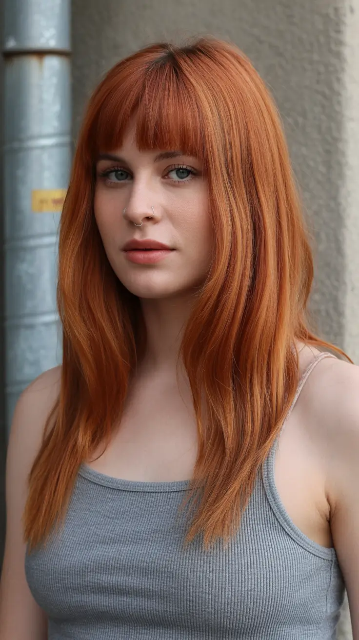 Modern Haircut Ideas for Round Face 2026 Long Copper Shag with Blunt Bangs