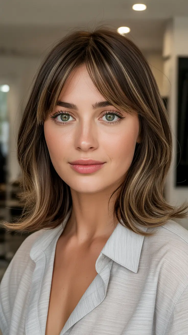 Modern Haircut Ideas for Round Face 2026 Soft Layered Bob with Curtain Bangs
