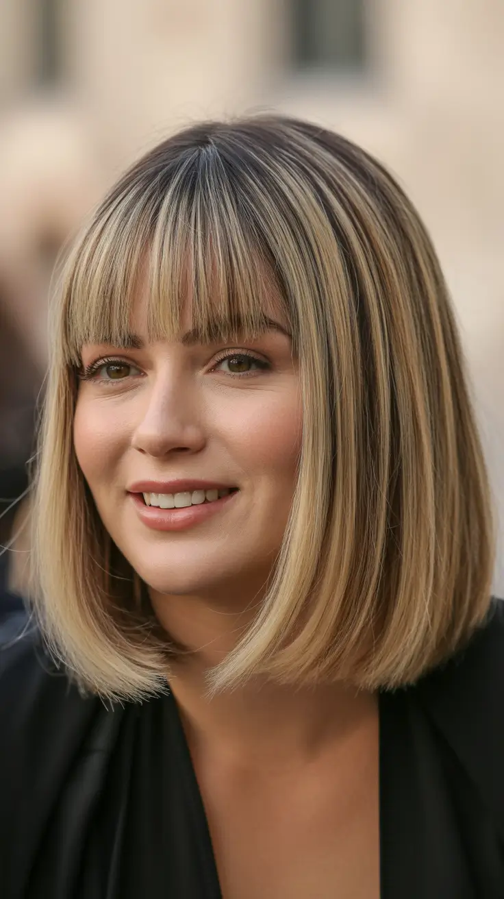 Modern Haircut Ideas for Round Face 2026 Honey Blonde Bob with Blunt Bangs