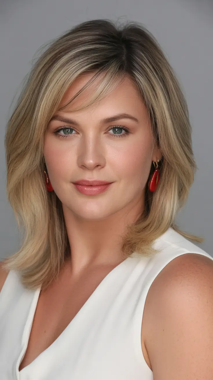 Modern Haircut Ideas for Round Face 2026 Soft Layered Medium Cut with Side Bangs