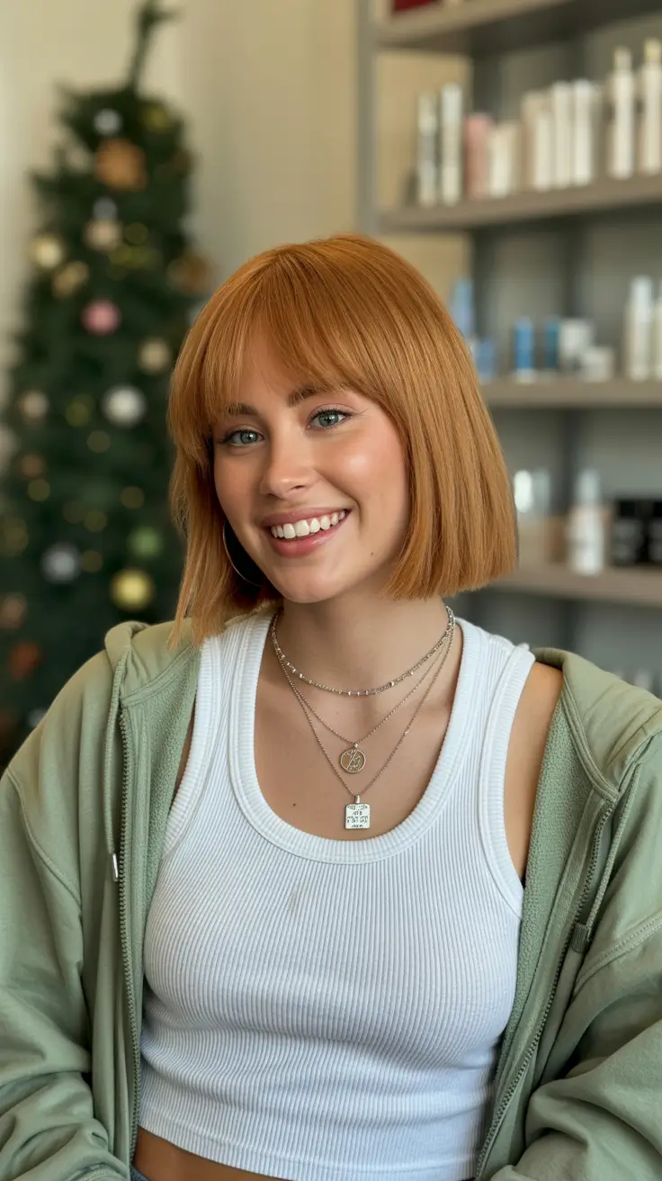 Modern Haircut Ideas for Round Face 2026 Warm Ginger Bob with Front Bangs